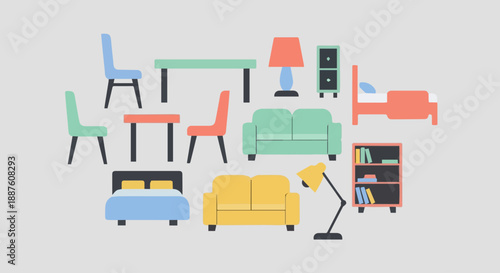 Modern flat vector illustration set featuring a business office building and kitchen design icons for web and technology service infographics