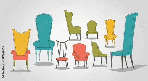 Abstract colorful background featuring a 3d drawing of a lamp on the wall above a wooden chair and table in a comfortable empty room with modern interior design style