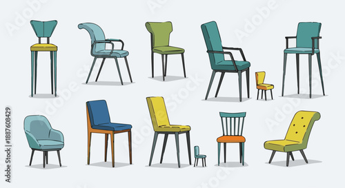A 3d vector illustration featuring a set of colorful chairs and wooden furniture objects for a comfortable office interior design