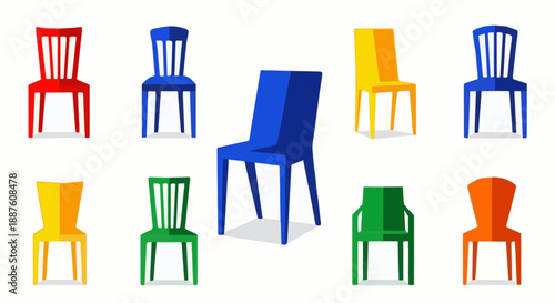 A set of colorful chairs offers a stylish furniture design for a modern home interior or office room, featuring wooden stool and armchair objects in a 3d illustration for a kitchen or restaurant