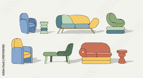 Vector illustration of a set of 3d furniture icons featuring a comfortable leather sofa, armchair with pillow, and interior design objects for a modern house living room apartment render