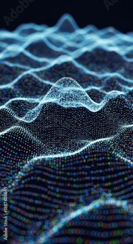 Digital ocean waves simulation with glowing particles representing data flow