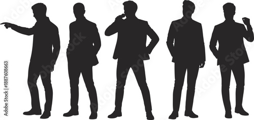 Silhouette group of men in business attire standing in various confident poses representing leadership, communication, teamwork and modern corporate professional lifestyle in studio setting