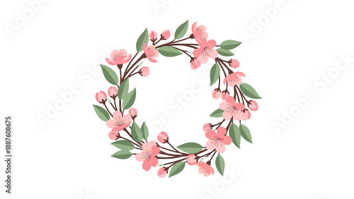 Delicate Cherry Blossom Wreath with Green Leaves, Spring Floral Circle