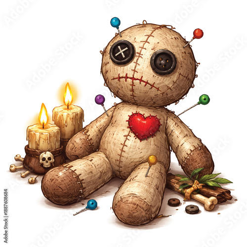 Voodoo Doll with Pins Candles and Occult Items on White Background
