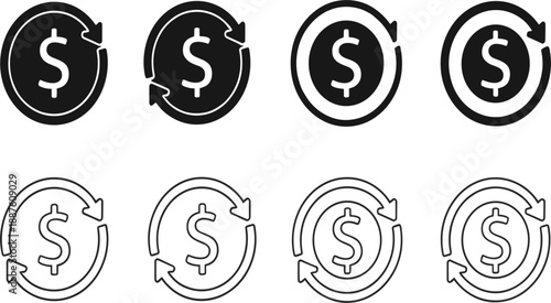 Money Refresh and Currency Cycle Icon Set with Dollar Symbols Representing Financial Transactions, Payments, Refunds, and Recurring Finance Processes