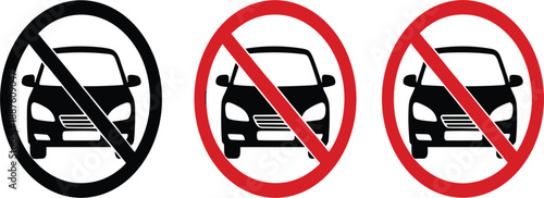 No Car Traffic Prohibition Icon Set with Vehicle Restriction, Road Safety, and Transportation Ban Symbols for Signage and User Interface Design