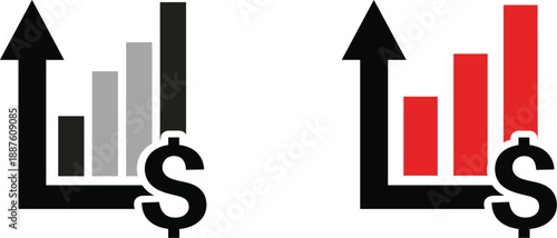 Upward Financial Chart Icon Set with Arrow, Bar Graph, and Dollar Symbol Representing Business Growth, Profit Increase, and Investment Success
