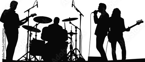 Silhouette rock band performing live on stage with singer, drummer and guitar players, showcasing energetic music concert atmosphere, entertainment lifestyle and artistic creative performance scene