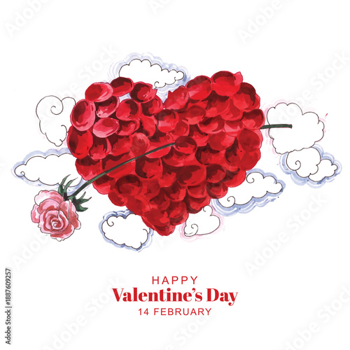 Artistic Watercolor Valentine’s Day Heart Card with Roses and Clouds