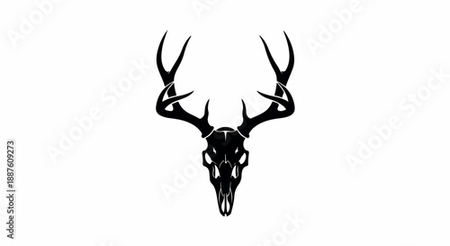 Black silhouette of a deer skull with antlers on a white background, close-up shot with a dark and moody tone.