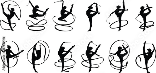 Black Silhouette Set of Rhythmic Gymnastics Athletes Performing Artistic Dance Routines with Ribbons and Clubs Isolated on White Background for Sports Graphic Design Elements