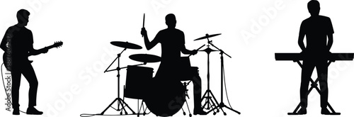 Silhouettes of musicians playing guitar, drums and keyboard during a live band performance, ideal for music, concert, entertainment and creative design themes and graphic projects.