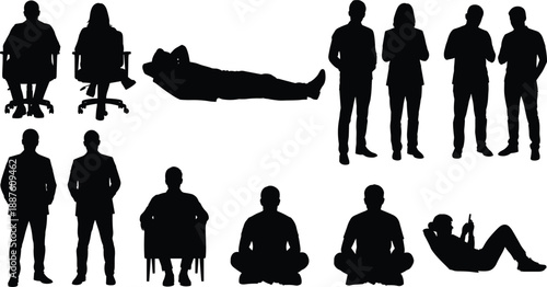 Black vector silhouette set of diverse people sitting in office chairs standing lying down and meditating for lifestyle workspace and human behavior design