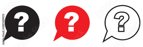 Question Mark Speech Bubble Icons. Minimal set of speech bubble icons with question marks, symbolizing questions, help, FAQ, and communication on white background.

