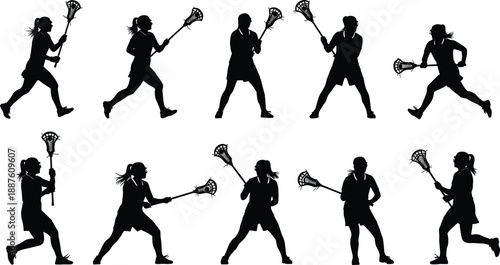 Black vector silhouette set of ten female lacrosse players running passing and shooting with sticks for sports team competition athletic training and hobby design