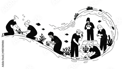 Scientists carefully studying marine life and coral reefs in an aquatic research setting.