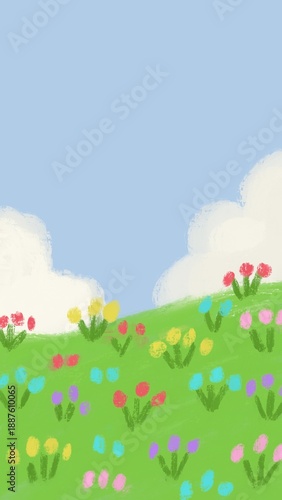 Green meadow illustration with flowers and blue sky