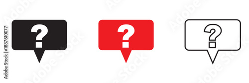 Question Mark Speech Bubble Icons. Minimal set of speech bubble icons with question marks, symbolizing questions, help, FAQ, and communication on white background.

