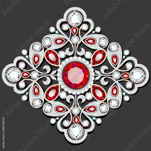 Illustration  brooch with pearls and precious stones. Filigree victorian jewelry. Design element