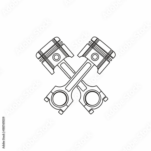 Line art illustration of two crossed engine pistons, symbolizing power and automotive engineering.