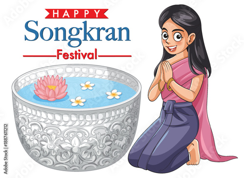 Thai Woman in Traditional Dress Celebrating Happy Songkran Festival Illustration