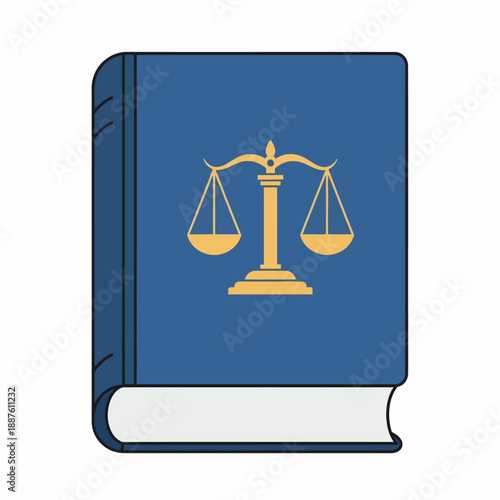 Blue law book with golden scales of justice symbol on cover, representing legal concepts and justice.