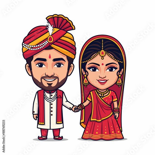 Cute cartoon illustration of an Indian wedding couple in traditional red and gold attire, holding hands and smiling happily.