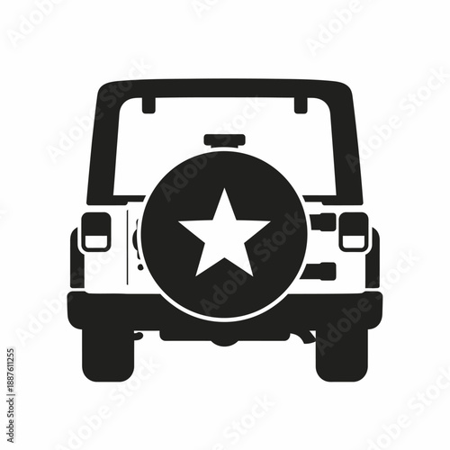 Black and white silhouette icon of the rear view of an off-road vehicle with a spare tire and a star symbol.
