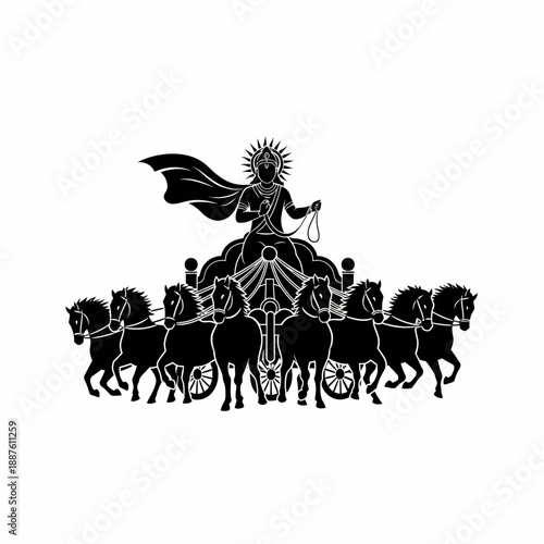 Black silhouette of Surya, the Hindu sun god, riding a majestic chariot pulled by seven powerful horses, symbolizing light and divine power.