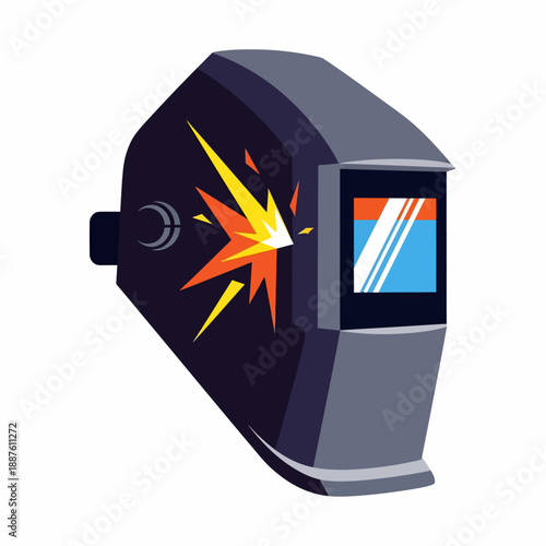 Illustration of a dark grey welding helmet with a bright orange and yellow spark graphic on the side, indicating an active welding process, set against a white background.