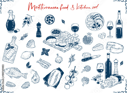 Hand-drawn vector collection of Mediterranean food and kitchen elements: lemons, bread, cheese, olives, herbs, olive oil, wine, and seafood, perfect for menu, cafe, or culinary design