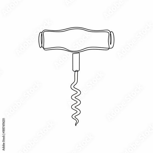 Single continuous line drawing of a classic corkscrew for opening wine bottles, isolated on a white background, representing bar and kitchen tools.