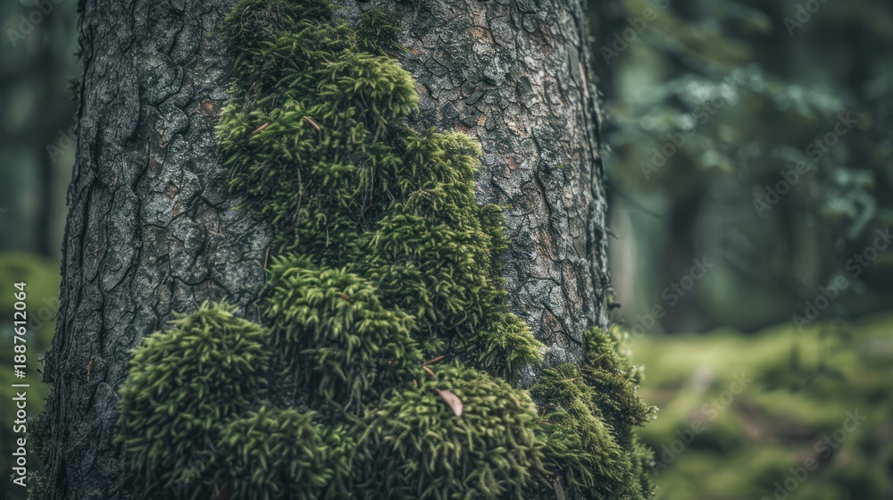 Obraz premium Moss on tree trunk rain forest plentifully lush ecosystem.
