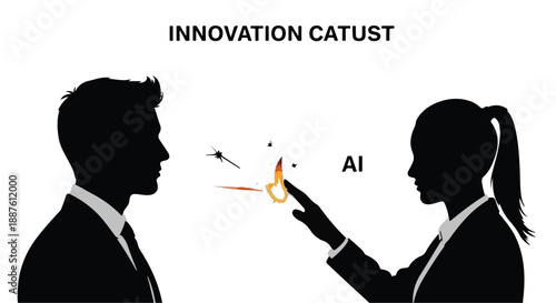 Silhouettes of a man and woman interacting with AI technology, symbolizing innovation and the future.