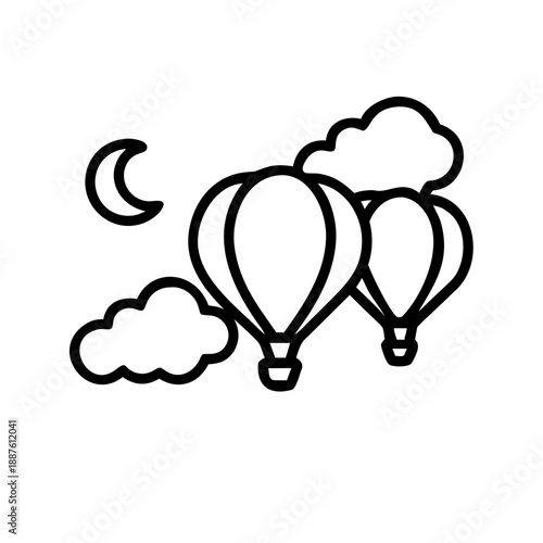Watercolor Illustration Three Hot Air Balloons, Clouds, and Crescent Moon on White Background
