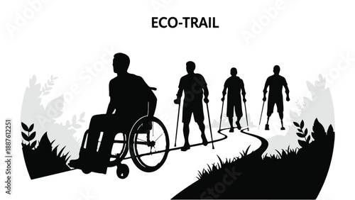 Diverse group enjoying a scenic outdoor trail, promoting inclusivity and accessibility.