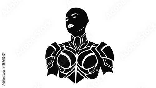 Powerful silhouette of a bald woman in futuristic armor, exuding strength and confidence.