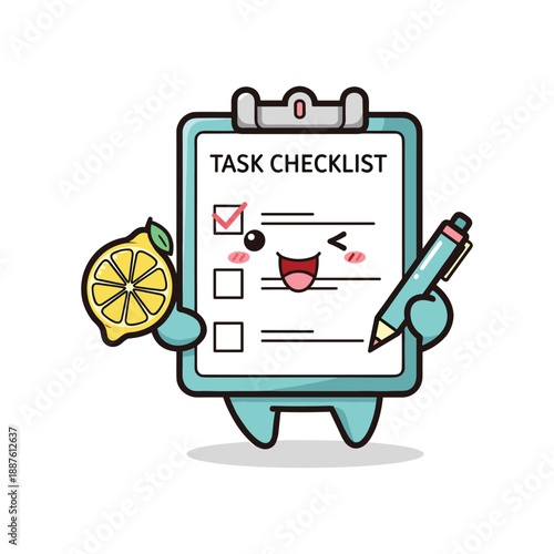 Task checklist with lemon and pencil character illustration