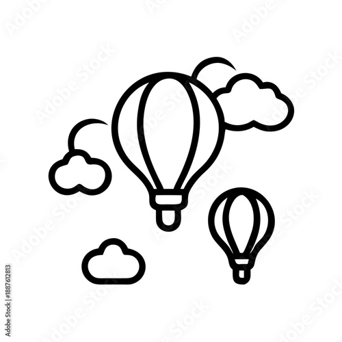 Watercolor Illustration Three Hot Air Balloons, Clouds, and Crescent Moon on White Background
