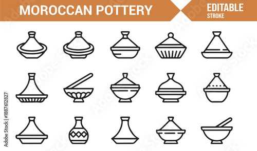 Tagine pottery line icons set isolated on white