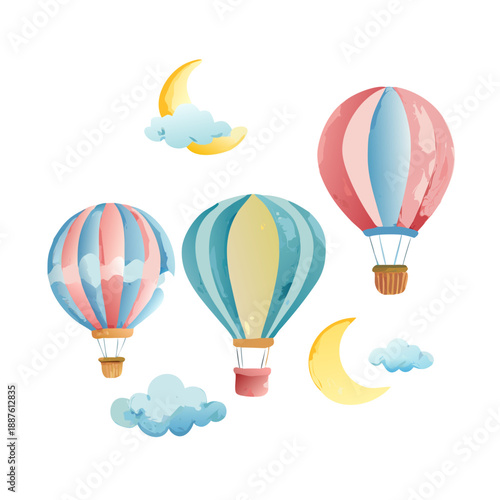 Watercolor Illustration Three Hot Air Balloons, Clouds, and Crescent Moon on White Background
