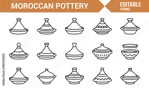 Traditional Moroccan ceramic cookware icons collection