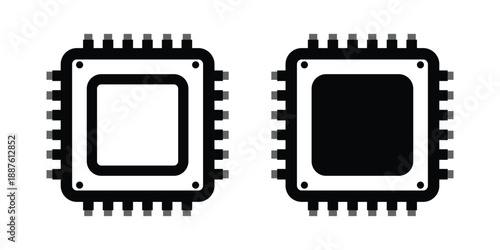 Microchip processor icon set for computer technology and semiconductor design, vector illustration.