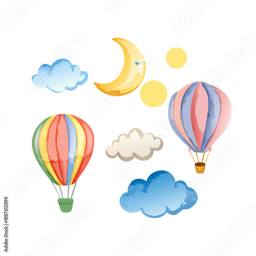 Watercolor Illustration Three Hot Air Balloons, Clouds, and Crescent Moon on White Background
