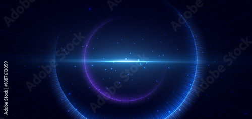 Hi-speed blue neon swrilking beams rays on dark blue background. Technology speed motion moving concept.