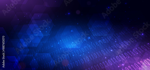 Abstract digital data binary code diagonal on blue background with square pattern light effect.