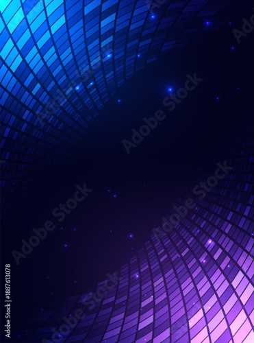 Futuristic square pattern curve with lighting effect on blue and pink background.