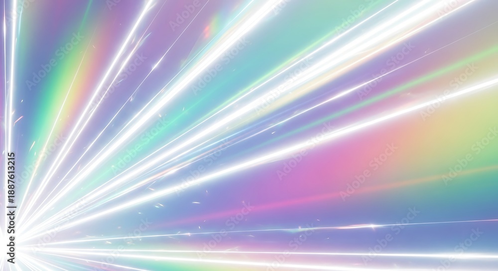 Obraz premium Abstract rainbow light streaks bursting from a bright core against a soft pastel background, energetic and vibrant.