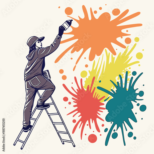 Artist creating colorful spray paint art